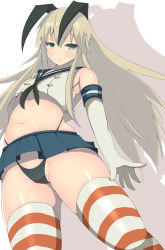 Rule 34 | 10s, 1girl, bare shoulders, blonde hair, blue eyes, bow, elbow gloves, gloves, hair bow, highres, kantai collection, long hair, looking at viewer, midriff, navel, raised eyebrows, shimakaze (kancolle), simple background, solo, souma (ordures), striped clothes, striped thighhighs, thighhighs, very long hair