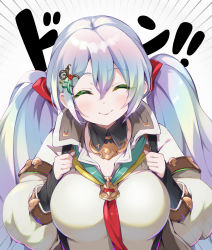 Rule 34 | 1girl, blush, breasts, closed eyes, cupitan (granblue fantasy), granblue fantasy, highres, large breasts, long hair, long sleeves, looking at viewer, neckerchief, pilokey, puffy long sleeves, puffy sleeves, shirt, silver hair, smile, solo, translation request, twintails, white shirt