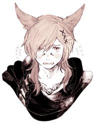 Rule 34 | 1boy, animal ears, black scarf, blush, brown eyes, brown hair, cat ears, collarbone, commentary, cropped torso, dated, embarrassed, eyes visible through hair, facial mark, final fantasy, final fantasy xiv, flying sweatdrops, g&#039;raha tia, hair down, hair ornament, hatching (texture), highres, itowo (itowc), looking at viewer, male focus, medium hair, miqo&#039;te, monochrome, open mouth, portrait, scarf, signature, simple background, solo, straight-on, swept bangs, white background, x hair ornament
