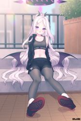 Rule 34 | 1girl, ahoge, blue archive, demon girl, demon horns, demon wings, highres, hina (blue archive), horns, leggings under shorts, long hair, looking at viewer, multiple horns, navel, nishiki koi, open mouth, pantyhose, parted bangs, purple eyes, shorts, sitting, solo, sweat, white hair, wings