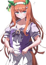 Rule 34 | 1girl, absurdres, animal ears, baggy clothes, blue eyes, blunt bangs, blush, breasts, closed mouth, collarbone, commentary request, flat chest joke, headband, highres, horse ears, horse girl, horse tail, itosu200, looking at viewer, loose clothes, orange hair, ribbon, school uniform, silence suzuka (umamusume), simple background, small breasts, solo, sweat, tail, tracen school uniform, umamusume, white background