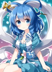 1girl, aqua background, bangs, belt, blue dress, blue eyes, blue hair, blush, breasts, cleavage, closed mouth, collarbone, commentary request, danmaku, dress, drill locks, eyebrows visible through hair, feet out of frame, flower, frills, glowing, gradient, gradient background, hagoromo, hair between eyes, hair ornament, hair rings, hair stick, highres, kaku seiga, looking at viewer, medium breasts, medium hair, open clothes, open vest, outline, pink flower, puffy short sleeves, puffy sleeves, ruu (tksymkw), shawl, short sleeves, simple background, single sidelock, sitting, smile, solo, touhou, vest, white outline, white vest