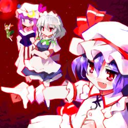Rule 34 | 4girls, 9law, :d, apron, bad id, bad pixiv id, blonde hair, blue eyes, book, crescent hat ornament, female focus, hat, hat ornament, hong meiling, izayoi sakuya, lowres, maid headdress, mob cap, moon, moonlight, multiple girls, open book, open mouth, patchouli knowledge, pointing, purple eyes, purple hair, reading, red eyes, red moon, remilia scarlet, short hair, smile, embodiment of scarlet devil, touhou, twintails, waist apron, wrist cuffs
