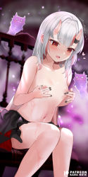 Rule 34 | 1girl, black nails, blush, breasts, dutch angle, feet out of frame, hand on own chest, heart, hololive, horns, mujinbensin, multicolored hair, nail polish, nakiri ayame, navel, nipple pull, nipple stimulation, nipples, open mouth, patreon username, red eyes, sidelocks, sitting, skin-covered horns, small breasts, solo, streaked hair, thighs, topless, virtual youtuber, wet, white hair