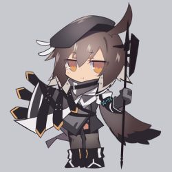 Rule 34 | 1girl, ahoge, arknights, beret, black gloves, black hat, black thighhighs, blush, brown hair, cloak, commentary request, elbow gloves, full body, gloves, grey background, hair between eyes, hat, holding, holding polearm, holding weapon, looking at viewer, multicolored hair, orange eyes, plume (arknights), polearm, sasa onigiri, short hair, simple background, smile, solo, thighhighs, two-tone hair, weapon, white hair