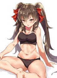 Rule 34 | 1girl, arm support, bare arms, bare legs, barefoot, bow, breasts, brown eyes, brown hair, cleavage, collarbone, commentary request, frown, girls&#039; frontline, hair bow, hair over shoulder, impossible clothes, indian style, long hair, looking at viewer, medium breasts, open mouth, pooor, red bow, short hair with long locks, sitting, soles, solo, sports bra, stomach, thighs, twintails, two side up, type 97 (girls&#039; frontline), underwear, very long hair