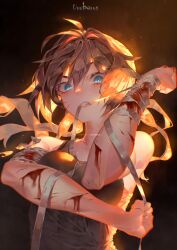Rule 34 | 1girl, bandaged arm, bandages, bare shoulders, blood, blue eyes, breasts, brown hair, commentary, diyokama, english commentary, grey tank top, hair between eyes, highres, injury, large breasts, looking at viewer, original, short hair, solo, tank top, upper body
