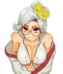 Rule 34 | 1girl, breasts, cleavage, closed mouth, clothes pull, coat, coat partially removed, collarbone, eyeshadow, female focus, from above, glasses, goggles, goggles on head, hair bun, highres, large breasts, looking at viewer, makeup, nintendo, onihara1024, pulled by self, purah, red-framed eyewear, red eyes, red eyeshadow, round eyewear, shirt, shirt pull, short hair, simple background, sleeveless, sleeveless shirt, smile, solo, the legend of zelda, the legend of zelda: tears of the kingdom, upper body, white background, white hair