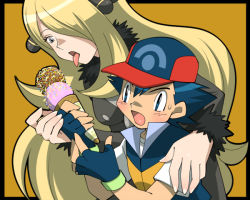 Rule 34 | 00s, 1boy, 1girl, age difference, amada, ash ketchum, child, couple, creatures (company), cynthia (pokemon), fingerless gloves, food, game freak, gloves, hair over one eye, hat, hetero, ice cream, long hair, nintendo, onee-shota, pokemon, pokemon (anime), pokemon dppt, pokemon dppt (anime), tongue, very long hair