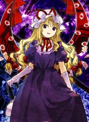 Rule 34 | 1girl, blonde hair, bow, commentary request, cowboy shot, elbow gloves, flat chest, gap (touhou), gloves, hair bow, hat, hat ribbon, highres, kaigen 1025, long hair, mob, neck ribbon, open mouth, puffy short sleeves, puffy sleeves, purple hair, red bow, red ribbon, ribbon, short sleeves, smile, solo, touhou, white gloves, yakumo yukari