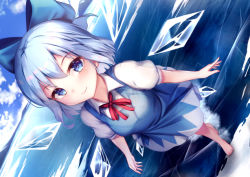Rule 34 | 1girl, arms at sides, bare arms, barefoot, blue bow, blue dress, blue eyes, blue hair, blue sky, bow, cirno, closed mouth, cloud, cloudy sky, day, dress, dress shirt, dutch angle, foreshortening, frozen lake, full body, hair bow, ice, ice wings, lake, looking at viewer, medium dress, neck ribbon, outdoors, puffy short sleeves, puffy sleeves, red ribbon, ribbon, shirt, short hair, short sleeves, sky, smile, solo, toes, touhou, walking, white shirt, wing collar, wings, yan (nicknikg)