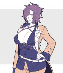 Rule 34 | 10s, 1girl, bad id, bad pixiv id, blush, breasts, cleavage, closed mouth, genderswap, genderswap (mtf), hair over one eye, hand on own hip, jacket, juzumaru tsunetsugu, large breasts, limited palette, looking at viewer, medium hair, messy hair, open clothes, open jacket, ouse (otussger), touken ranbu
