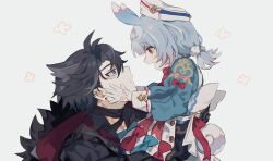 Rule 34 | 1boy, 1girl, animal ears, black hair, blue eyes, blue hair, carrying, carrying person, commentary request, eye contact, genshin impact, hands on another&#039;s face, hat, highres, inagoinaire, looking at another, rabbit ears, red eyes, short hair, sigewinne (genshin impact), smile, upper body, wriothesley (genshin impact)