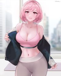 Rule 34 | 1girl, :d, blush, breasts, character request, chowbie, cleavage, copyright request, highres, jacket, large breasts, looking at viewer, midriff, navel, open mouth, pants, pink eyes, pink hair, short hair, smile, solo, standing, tank top, track pants