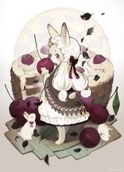 Rule 34 | 1girl, absurdres, animal, animal ears, cake, cherry, commentary request, dress, food, fruit, hands up, hat, highres, holding, holding food, holding fruit, leaf, long hair, long sleeves, looking at viewer, low twintails, mob cap, original, rabbit, rabbit ears, rabbit girl, rabbit tail, red eyes, red ribbon, ribbon, sakutake (ue3sayu), solo, tail, twintails, white dress, white hair, white hat
