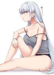 Rule 34 | 1girl, absurdres, black panties, breasts, camisole, cleavage, collarbone, fuyutsuki (kancolle), grey camisole, grey eyes, grey hair, highres, kantai collection, kiritto, large breasts, leg up, long hair, looking to the side, open mouth, panties, sidelocks, simple background, sitting, solo, underwear, very long hair, white background, wristband