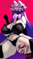 Rule 34 | 1girl, absurdres, areola slip, black eyes, bra, breasts, crr001, elbow gloves, gloves, gluteal fold, groin, highres, huge breasts, lingerie, patchouli knowledge, pulling, smile, smug, spread legs, teasing, touhou, underwear, underwear only