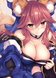 Rule 34 | 1girl, absurdres, animal ear fluff, animal ears, areola slip, bare shoulders, blue bow, blue kimono, blue thighhighs, bow, breasts, cleavage, detached sleeves, fate/extra, fate (series), fox ears, fox girl, fox tail, hair between eyes, hair bow, highres, huge filesize, japanese clothes, kimono, large breasts, long hair, pink hair, solo, tail, tamamo (fate), tamamo no mae (fate/extra), tenchou no matsumoto, thighhighs, yellow eyes
