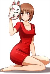 Rule 34 | 1girl, barefoot, brown eyes, brown hair, commentary, dress, fox mask, girls und panzer, highres, holding, holding mask, light blush, looking at viewer, mask, nishizumi miho, omachi (slabco), parted lips, red dress, shadow, short dress, short hair, short sleeves, simple background, sitting, solo, white background, yokozuwari
