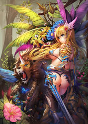 Rule 34 | 1girl, animal, arm at side, armor, armored boots, ass, bikini, bikini armor, black gloves, black legwear, black panties, blonde hair, blue eyes, blue flower, boots, braid, breasts, bug, butterfly, closed mouth, earrings, elf, eyelashes, fangs, floating hair, flower, food, forest, frown, fruit, gem, gloves, glowing, glowing butterfly, hair between eyes, hair ornament, head wings, highres, horns, insect, jewelry, unworn jewelry, knee boots, large breasts, leaf, light particles, lion, long hair, nature, necklace, unworn necklace, original, panties, pauldrons, pendant, pink flower, plant, pointy ears, shiny skin, shoulder armor, sideboob, single horn, standing, swimsuit, sword, tako seijin, thong, thong bikini, tree, underboob, underwear, unsheathed, vambraces, vines, weapon, white flower, wings, yellow flower