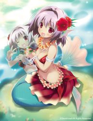 Rule 34 | 1girl, bare shoulders, blush, bracelet, breasts, cardfight!! vanguard, cleavage, company name, dark skin, fins, flower, hair flower, hair ornament, head fins, jewelry, leaf, looking at viewer, md5 mismatch, medium breasts, mermaid, microphone, mirror diva biscayne, monster girl, necklace, official art, one eye closed, open mouth, purple hair, red eyes, resolution mismatch, sakana (flame sakana), sitting, smile, source larger