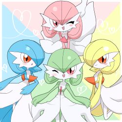 Rule 34 | 4girls, alternate color, alternate shiny pokemon, artist name, blonde hair, blue hair, blue skin, blush, blush stickers, bob cut, border, closed mouth, colored skin, cowboy shot, creatures (company), curtsey, female focus, flat chest, game freak, gardevoir, gen 3 pokemon, green hair, green skin, hair between eyes, hair over one eye, happy, heart, highres, leaning forward, legs together, meru (mer milky77), multicolored background, multicolored skin, multiple girls, nintendo, one eye closed, one eye covered, open mouth, outside border, pink hair, pink skin, pokemon, pokemon (creature), shiny pokemon, short hair, signature, smile, standing, twitter username, two-tone skin, v arms, white border, white skin, wink, yellow skin