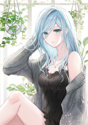Rule 34 | 1girl, absurdres, arm behind head, black camisole, blue eyes, blue hair, blush, breasts, camisole, cleavage, crescent, crescent necklace, day, expressionless, highres, hinomori shizuku, jacket, jewelry, light blue hair, long hair, looking at viewer, mairu003, mole, mole under mouth, necklace, off shoulder, project sekai, sitting, sleeveless, solo, sweater jacket, thighs