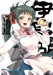 Rule 34 | 1girl, :d, ahoge, apron, blue skirt, blush, brown necktie, character name, collared shirt, food, green eyes, green hair, holding, holding plate, irako (kancolle), kantai collection, kappougi, long hair, long sleeves, n:go, necktie, open mouth, pink shirt, plate, ponytail, shirt, simple background, skirt, smile, solo, twitter username, white background