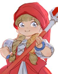 Rule 34 | 1girl, blonde hair, blue eyes, bow, bracelet, braid, dragon quest, dragon quest xi, hand on own hip, hat, hit-kun, holding, holding staff, jewelry, long hair, puffy short sleeves, puffy sleeves, red hat, short sleeves, simple background, smile, solo, staff, twin braids, veronica (dq11), waist bow, white background
