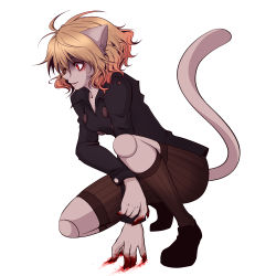 Rule 34 | 1girl, alternate hair color, animal ears, blood, brown hair, cat ears, cat tail, claws, doll joints, full body, hunter x hunter, joints, long sleeves, mijinko kineko, neferpitou, other focus, red eyes, shoes, short hair, shorts, socks, solo, tail, white background