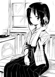 Rule 34 | 1girl, blush, gotyou, greyscale, hand on headphones, japanese clothes, monochrome, one eye closed, phonograph, smile, solo, wink