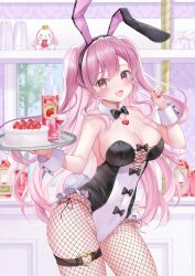 1girl :d animal_ear_hairband animal_ears bare_shoulders black_bow black_bowtie black_hairband black_leotard blush bow bowtie breasts bunny_day cake cleavage cocktail_glass collar commentary covered_navel cup day detached_collar drinking_glass fake_animal_ears fake_tail fingernails fishnet_pantyhose fishnets food fruit gem hair_between_eyes hairband halo hands_up heart-shaped_gem heart_o-ring highres holding holding_tray indoors jewelry large_breasts leotard long_hair looking_at_viewer multicolored_leotard nail_polish o-ring o-ring_thigh_strap open_mouth original pantyhose pendant pink_halo playboy_bunny purple_eyes rabbit_ears rabbit_tail red_gemstone red_nails sakura_moyon smile solo strapless strapless_leotard strawberry tail thigh_strap traditional_bowtie tray two-tone_leotard two_side_up very_long_hair white_collar white_leotard white_wrist_cuffs wrist_cuffs