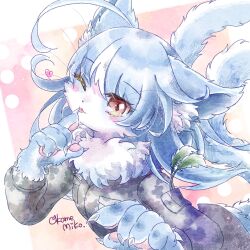 Rule 34 | 1boy, :3, :p, animal ear fluff, animal ears, blue hair, camouflage, camouflage jacket, camouflage shirt, cat boy, cat ears, extra tails, furry, furry male, heart, highres, jacket, japan air self-defense force, japan air self-defense force omaezaki sub-base, japan self-defense force, long hair, looking at viewer, male with breasts, military, okame miko, omaneko, one eye closed, original, red eyes, shirt, split tail, tongue, tongue out, trap, yellow eyes
