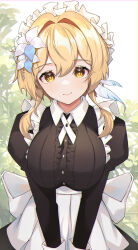 Rule 34 | absurdres, apron, blonde hair, blush, breasts, feather hair ornament, feathers, flower, genshin impact, hair between eyes, hair flower, hair ornament, highres, large breasts, looking at viewer, lumine (genshin impact), maid, maid apron, maid headdress, short hair, short hair with long locks, smile, solo, waist apron, white apron, white flower, yellow eyes, yoshitoki (kisshin)