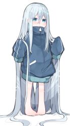 Rule 34 | 1girl, absurdly long hair, absurdres, barefoot, blue eyes, blue jacket, full body, grey hair, hair between eyes, highres, jacket, long hair, looking at viewer, project sekai, simple background, sleeves past fingers, sleeves past wrists, solo, standing, tsune (tune), very long hair, white background, yoisaki kanade