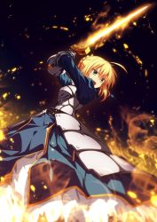 Rule 34 | 1girl, ahoge, armor, armored dress, artoria pendragon (fate), blonde hair, braid, breasts, charging, commentary, dress, energy, excalibur (fate/stay night), fate/grand order, fate (series), gauntlets, glowing, green eyes, hair ribbon, highres, holding, holding sword, holding weapon, light particles, long hair, long sleeves, medium breasts, open mouth, ribbon, saber (fate), saber (weapon), serious, solo, standing, sword, ugume, weapon