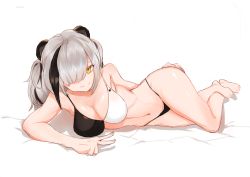 Rule 34 | 1girl, absurdres, animal ears, arknights, ass, bare shoulders, barefoot, breasts, choumi wuti (xueye fanmang zhong), feater (arknights), highres, large breasts, open mouth, panda ears, solo, swimsuit, two-tone background, yellow eyes