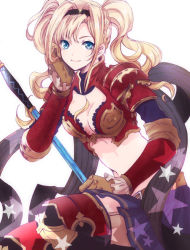 Rule 34 | 10s, 1girl, armor, belt, bikini armor, black skirt, blonde hair, blue eyes, braid, breasts, brown gloves, cleavage, cleavage cutout, clothing cutout, garter straps, gb hm, gloves, granblue fantasy, hair intakes, hairband, hand on own cheek, hand on own face, holding, holding weapon, long hair, looking at viewer, midriff, miniskirt, navel, polearm, red armor, red thighhighs, shoulder pads, simple background, sitting, skirt, smile, solo, spear, star (symbol), thighhighs, twintails, weapon, white background, zeta (granblue fantasy), zettai ryouiki
