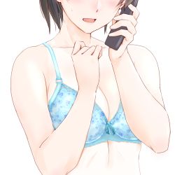 Rule 34 | 1girl, amagami, black hair, blush, bra, breasts, cleavage, commentary request, head out of frame, holding, holding phone, large breasts, lingerie, one-piece tan, open mouth, phone, ponytail, sasaki akira (ugc), simple background, solo, sweatdrop, tan, tanline, tsukahara hibiki, underwear