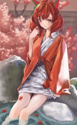 Rule 34 | 1girl, absurdres, ashiyu, blush, bow, commentary request, ear covers, green bow, grey eyes, hair bow, highres, horse girl, huziko32, japanese clothes, kimono, leaf, looking at viewer, maple leaf, nice nature (umamusume), onsen, partially submerged, red hair, short twintails, sitting, smile, solo, tree, twintails, umamusume, water, yukata