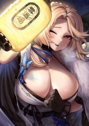 Rule 34 | 1girl, absurdres, arm up, belt, black gloves, blonde hair, blue butterfly, blush, breasts, bug, butterfly, butterfly ornament, cleavage, fur-trimmed kimono, fur trim, gloves, goddess of victory: nikke, heavy breathing, highres, holding, holding lantern, insect, japanese clothes, kimono, lantern, large breasts, long hair, looking at viewer, ludmilla (nikke), ludmilla (winter owner) (nikke), night, o o k i n a, official alternate costume, one eye closed, open mouth, outdoors, paper lantern, parted bangs, red eyes, sidelocks, smile, snow, solo, standing, teeth, upper body, upper teeth only, white kimono