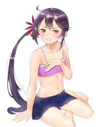 Rule 34 | 1girl, akebono (kancolle), barefoot, bell, bikini, bikini under clothes, blue skirt, blush, c-da, clenched teeth, covering privates, covering chest, flat chest, flower, hair bell, hair flower, hair ornament, highres, kantai collection, long hair, navel, pink bikini, pleated skirt, ponytail, purple eyes, purple hair, side ponytail, simple background, sitting, skirt, solo, swimsuit, swimsuit under clothes, teeth, very long hair, white background