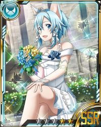 Rule 34 | 10s, 1girl, animal ears, bare shoulders, blue eyes, blue flower, blue hair, bouquet, bridal gauntlets, card (medium), cat ears, diadem, dress, flower, hair between eyes, hair ribbon, hand on own knee, holding, holding bouquet, crossed legs, looking at viewer, matching hair/eyes, open mouth, outdoors, ribbon, short hair, short hair with long locks, sinon, sinon (sao-alo), sitting, solo, sword art online, wedding dress, white dress, white ribbon, yellow flower