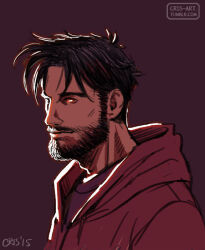 Rule 34 | 1boy, aged up, bad id, bad tumblr id, bara, beard, black hair, brown theme, cris art, facial hair, from side, hood, hooded jacket, jacket, looking at another, male focus, marvel, mature male, mustache, portrait, short hair, sideburns, solo, thick eyebrows, wiccan