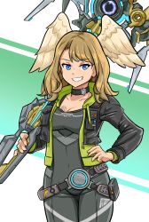 Rule 34 | 1girl, belt, black bodysuit, black choker, black jacket, blue eyes, bodysuit, breast tattoo, breasts, choker, cleavage, eunie (xenoblade), grin, hand on own hip, head wings, highres, holding, holding weapon, hood, i llius, jacket, long hair, long sleeves, looking at viewer, medium breasts, open clothes, open jacket, simple background, smile, solo, staff, tattoo, weapon, white wings, wings, xenoblade chronicles (series), xenoblade chronicles 3