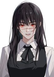 Rule 34 | 1girl, 41097772s, black hair, chainsaw man, collared shirt, commentary request, cross scar, dress, facial scar, fourth east high school uniform, highres, korean commentary, long hair, looking at viewer, parted lips, pinafore dress, red eyes, ringed eyes, scar, scar on cheek, scar on face, school uniform, shirt, simple background, sleeveless, sleeveless dress, solo, teeth, upper body, white background, white shirt, wing collar, yoru (chainsaw man)