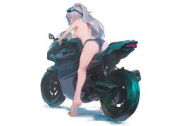 Rule 34 | 1futa, aamond, aek-999 (girls&#039; frontline), ass, bad id, bad twitter id, barefoot, breasts, from behind, futanari, girls&#039; frontline, goggles, goggles on head, grey hair, large breasts, long hair, motor vehicle, motorcycle, newhalf, panties, ponytail, riding, shadow, simple background, smile, solo, standing, testicles, topless, underwear, white background, yellow eyes
