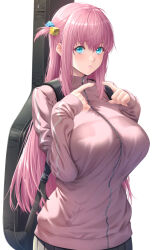 Rule 34 | 1girl, black skirt, blue eyes, blush, bocchi the rock!, breasts, commentary request, cube hair ornament, gotoh hitori, hair between eyes, hair ornament, instrument case, instrument on back, jacket, large breasts, long hair, long sleeves, looking at viewer, one side up, pink hair, pink jacket, simple background, skirt, solo, standing, track jacket, upper body, white background, zipper, zucchini