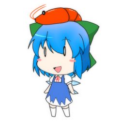 Rule 34 | 0 0, 1girl, 9rimson, bad id, bad pixiv id, blue hair, blush stickers, bow, chibi, cirno, dress, hair bow, ice, ice wings, lowres, no nose, open mouth, ribbon, short hair, shrimp, solo, thighhighs, touhou, white background, white thighhighs, wings
