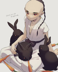 Rule 34 | 1boy, animal, animal on lap, black hair, black rabbit (animal), blush, braid, brown eyes, carrot, closed mouth, dated, dougi, earrings, forehead, gold earrings, grey background, jewelry, long hair, male focus, mother (game), mother 2, nintendo, on lap, pectoral cleavage, pectorals, poo (mother 2), rabbit, shifumame, short sleeves, solo, sweatdrop, translation request